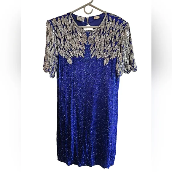 Vintage Stenay Beaded Evening Dress Large Blue Art Deco Silk Sequin 80s Luxury - Picture 2 of 6